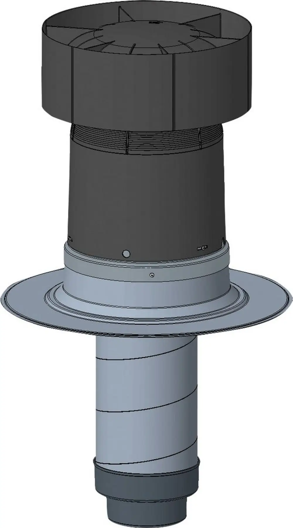 Produkt von Bosch, Dachdurchführung für Flachdach, zylindrische Form mit unterem Anschluss und oberem Belüftungsbereich, aus Robustem Material gefertigt, für Wohnungslüftungssysteme.